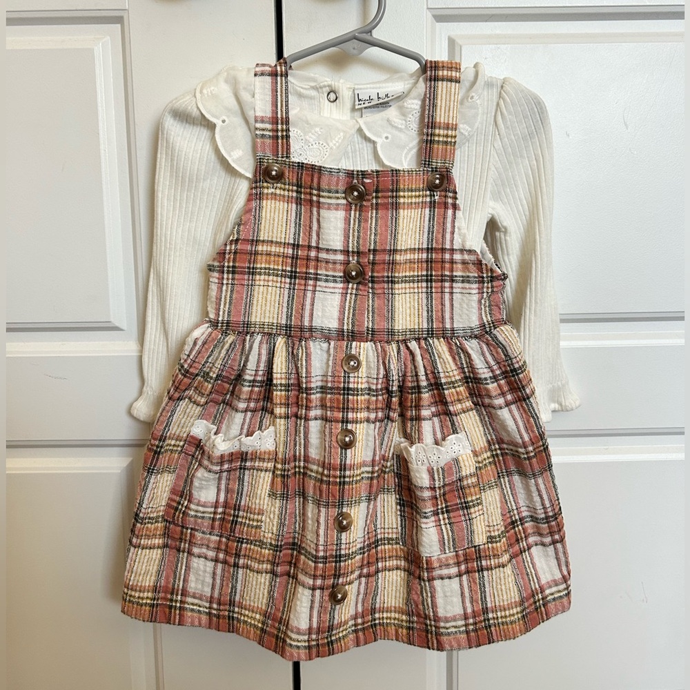 2pc Toddler Girl Overall Dress Set w/ White Long Sleeve - Cute Holiday Outfit